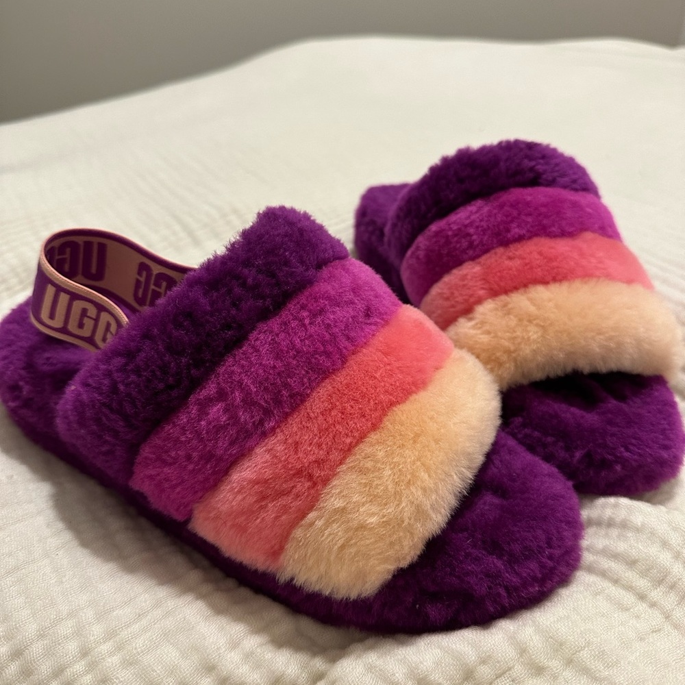 UGG Fluff Yeah Genuine Shearling Slingback Sandal Berry Multi Size 8